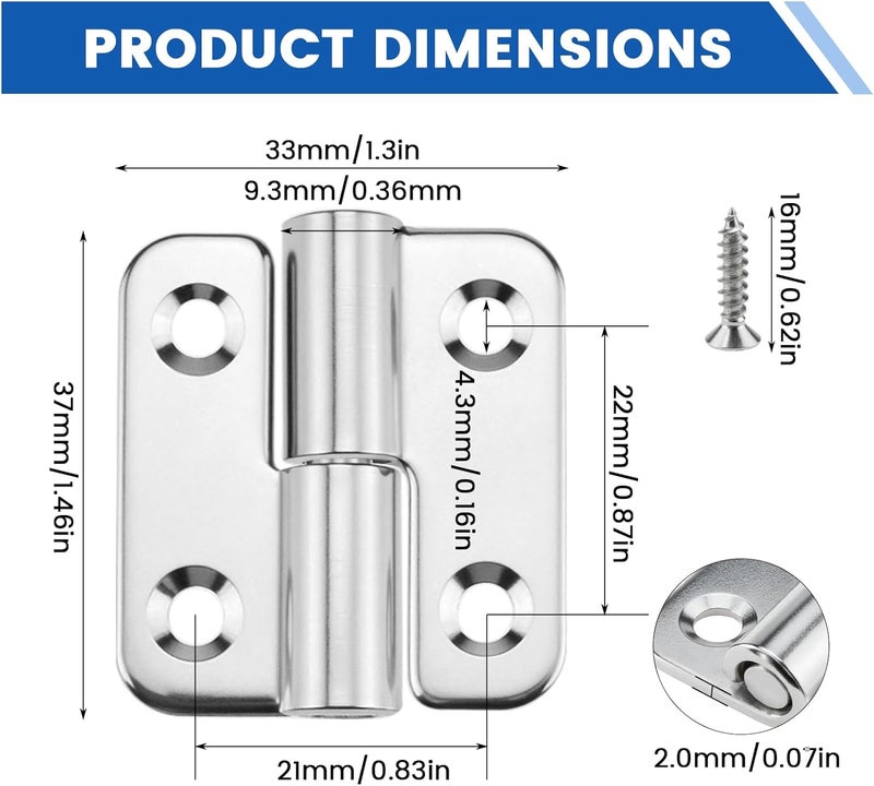 MILYARD 4 Pcs 1.5 Inch Stainless Steel Lift Off Hinges, Detachable Small Slip Joint Flag Hinges with Screws for Wooden Metal Doors Cabinet Doors Metal Boxes (Left Handed) - Image 2